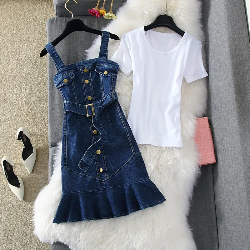 Женский джинсовый сарафан из 2 предметов синее облегающее платье денима