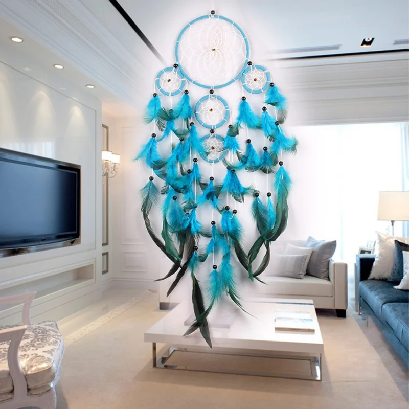 Перья ремесла Синий Ловец снов колокольчики ветра красный де ручной работы с