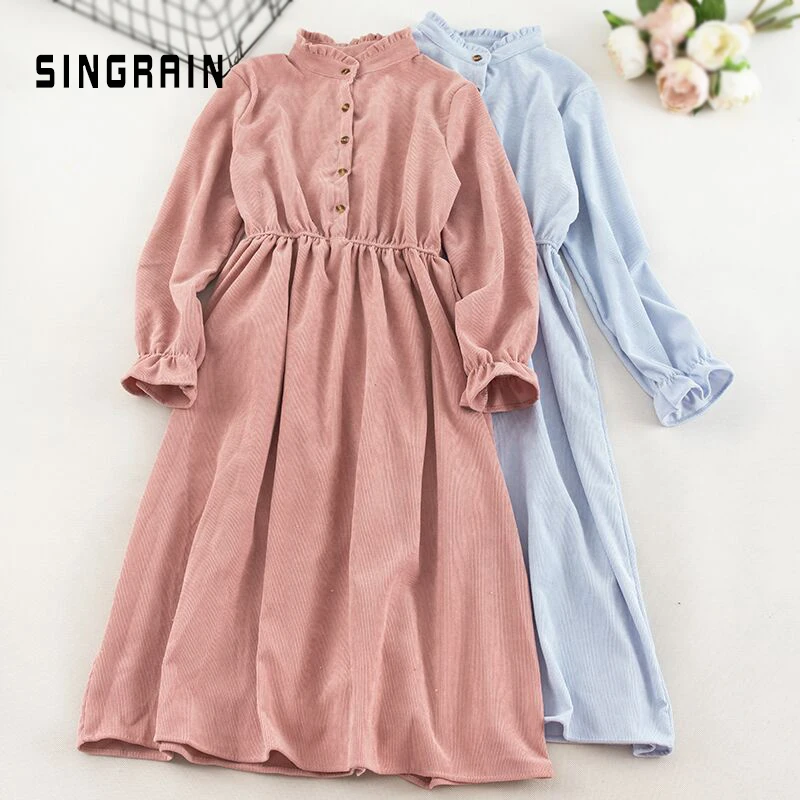 Женское вельветовое платье SINGRAIN Элегантное Длинное однотонное средней длины с