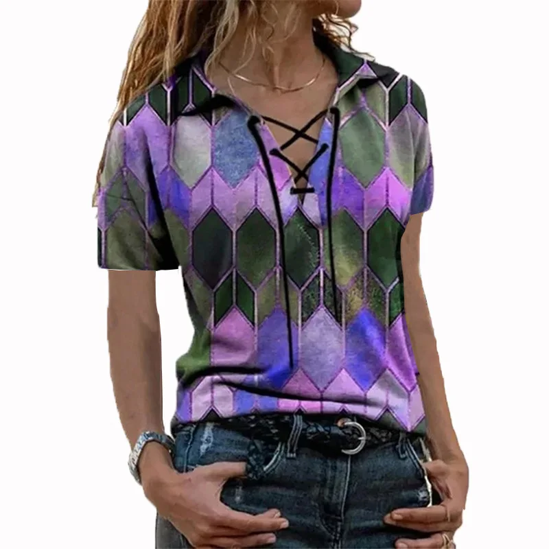 

Summer 2021 European and American women's new casual top loose print short-sleeved tie V-neck T-shirt