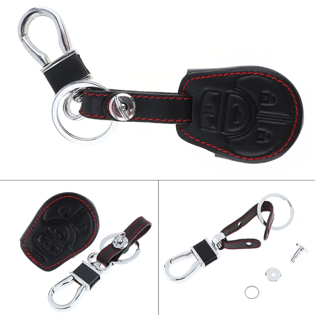 

4 Buttons 3D Leather+Zinc Alloy Keychain Car Key Cover Protector Holder with Hanging Buckle Fit for 2014-2016 Nissan