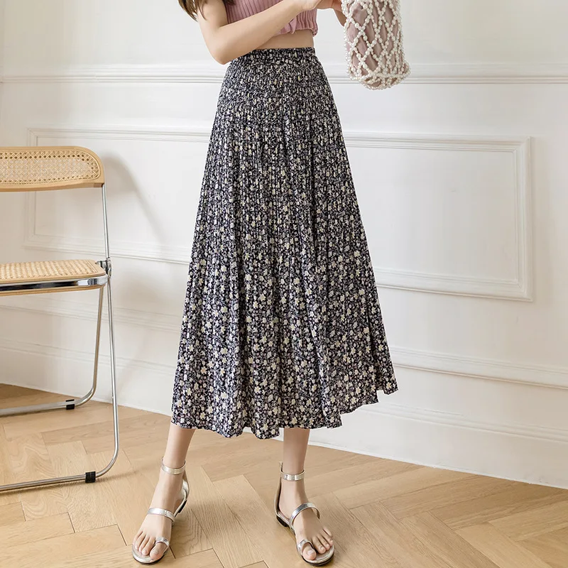 

Floral Print Long Pleated Chiffon Skirt Women Fashion 2021 Spring Summer Korean Casual High Waist Skirt Female Boho Beach Skirts