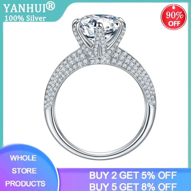

YANHUI With Certificate Classic 2ct Big Imitate Moissanite Gemstone Wedding Rings for Women Silver 925 Jewelry Bridal Band Rings