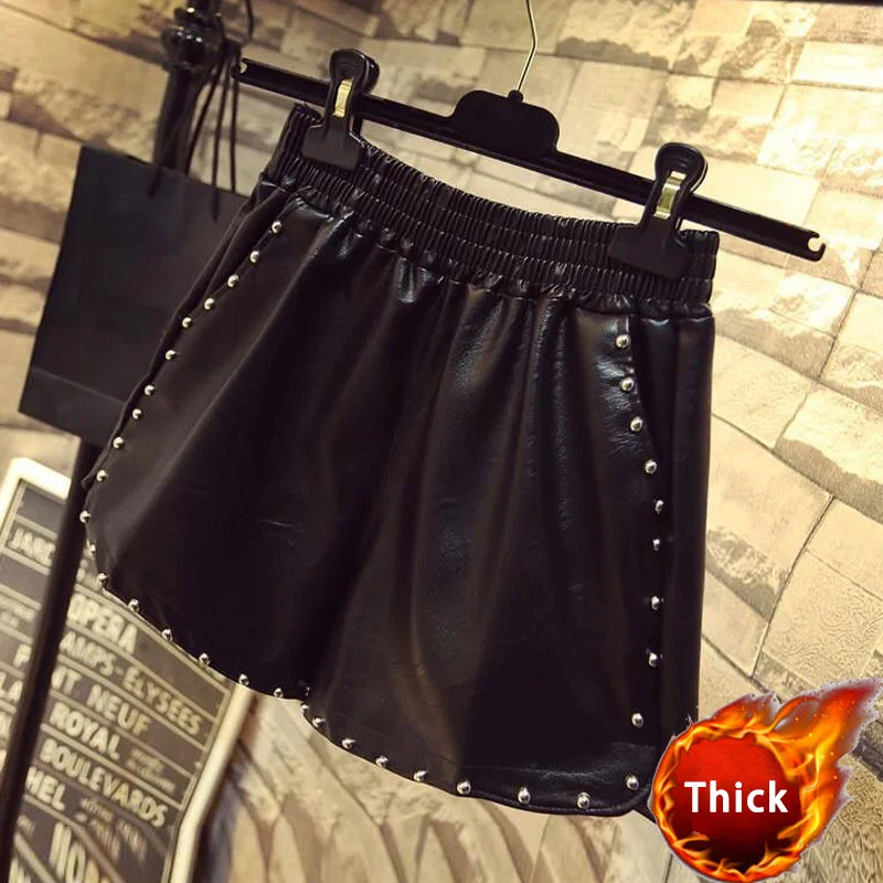 

Elastic High Waist Wide Leg Pockets Biker Shorts Femme Autumn Winter PU Leather Shorts Women Loose Casual Ladies Rivet Shorts