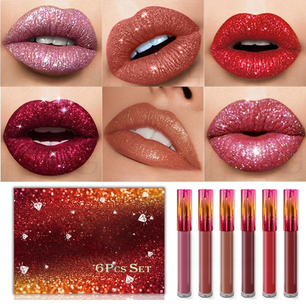 

6pcs Not Stick Cup Lip Glosses Set Glitter Liquid Lipstick Set Diamond Shimmer Lipgloss Long Lasting Lipstick