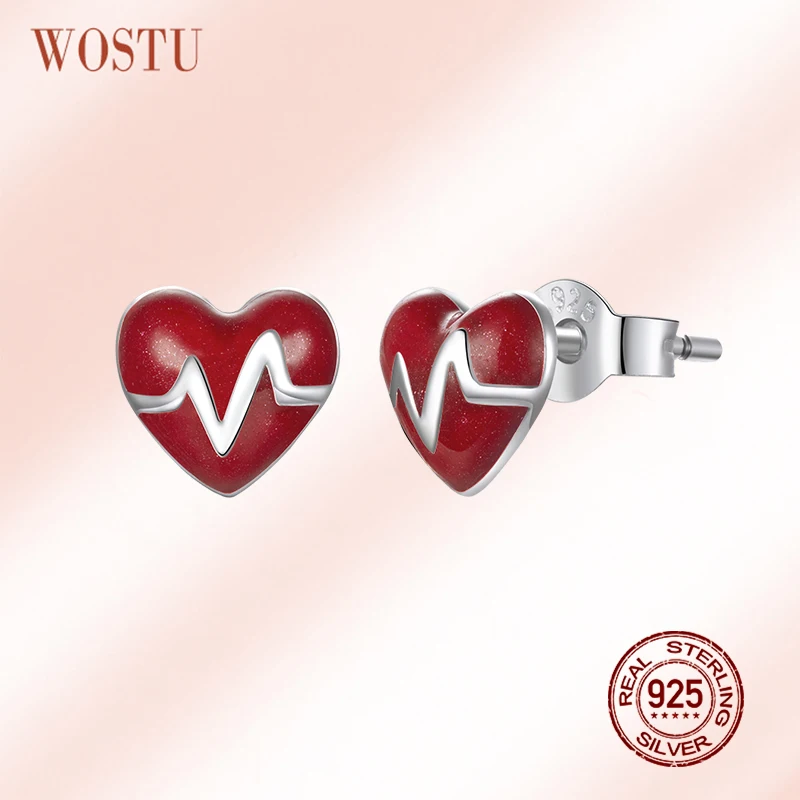 WOSTU Настоящее серебро 925 пробы серьги гвоздики с сердцебиением Красная эмаль