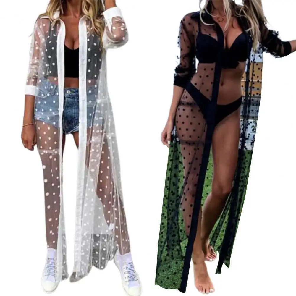 

Long Sleeve Bikini Coat Dot Print Net Yarn See-Through Lapel Bikini Cover Up Beachwear for Women Summer Swimming
