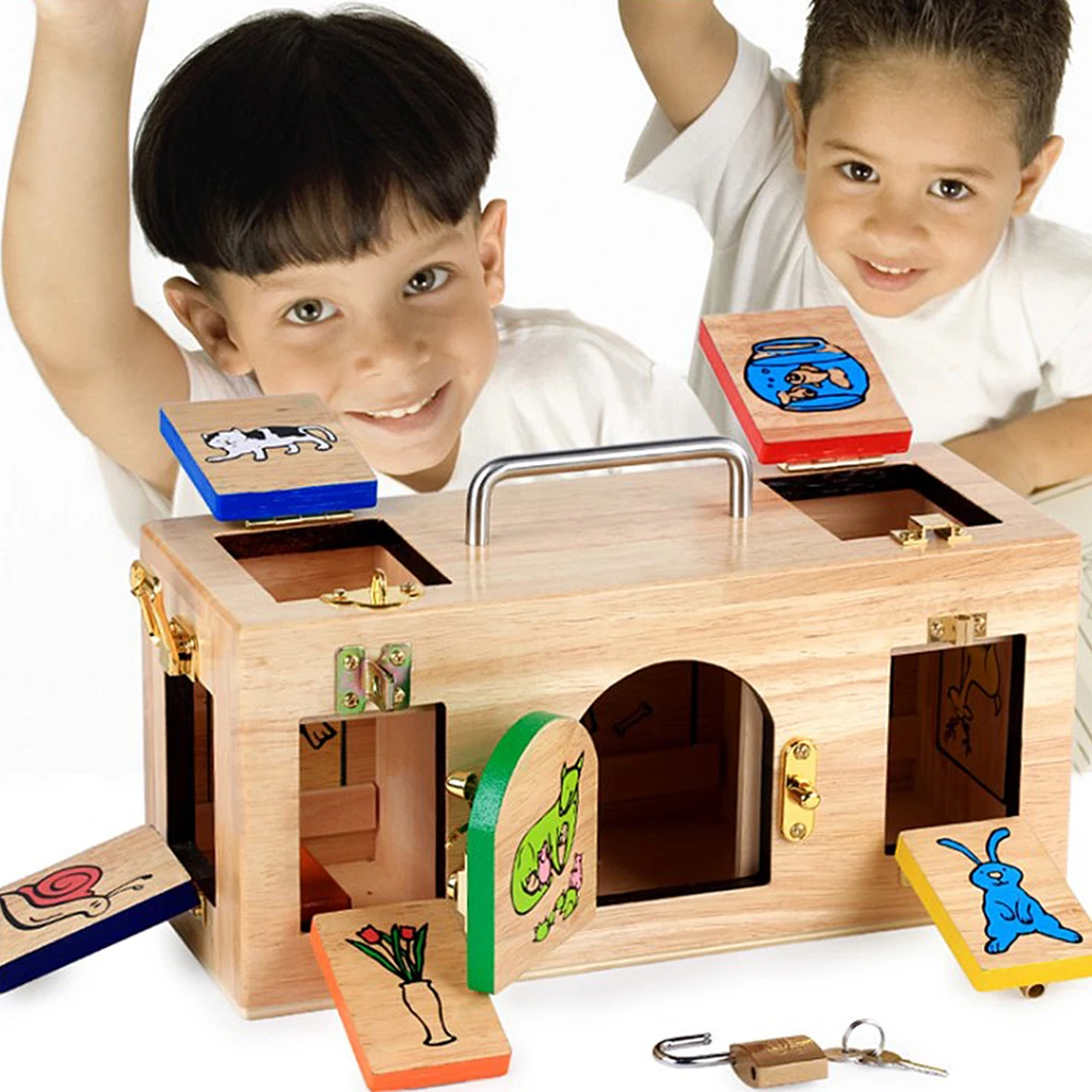 

Разноцветная коробка Монтессори с замком, подходящая игра, деревянная с замком, детские развивающие игрушки для дошкольного обучения