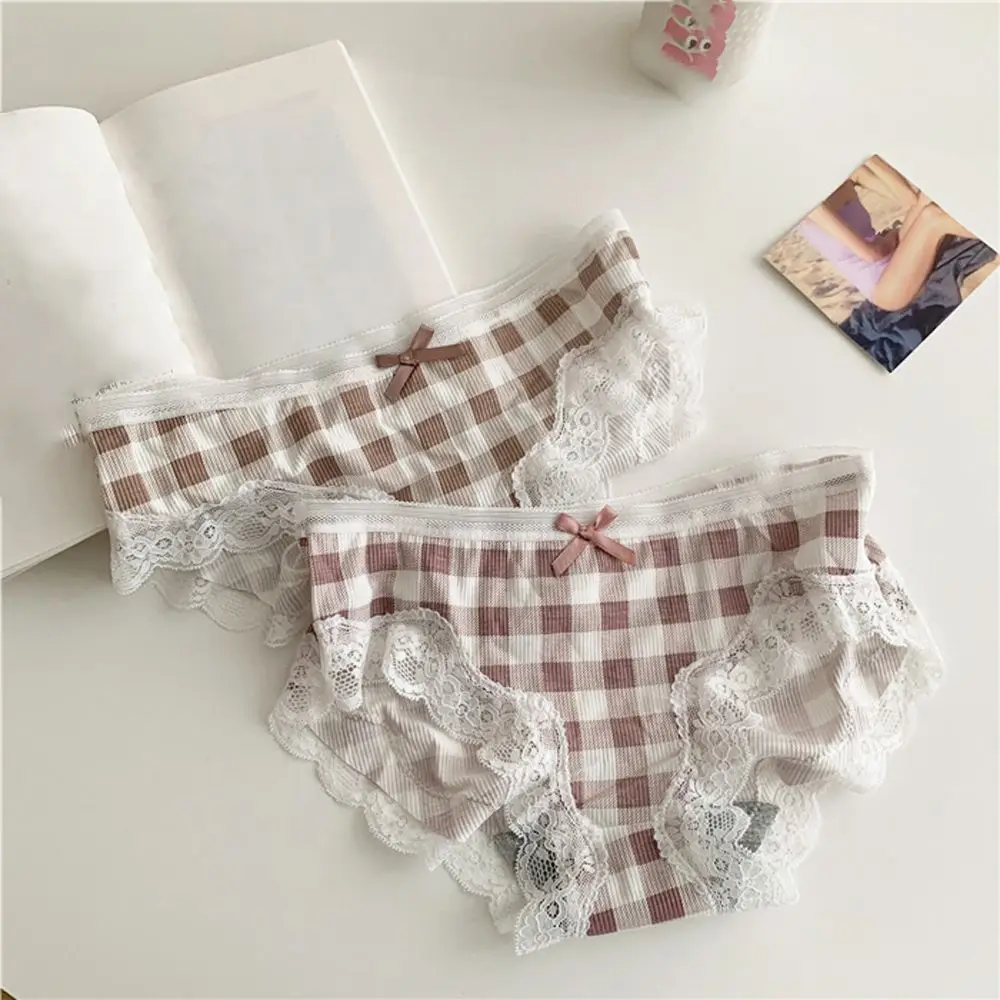 

Japanese Fresh Lattice Girls' Underwear Lace Edge Comfortable Sexy Breathable Hip Charm Middle Waist Triangular Underwear