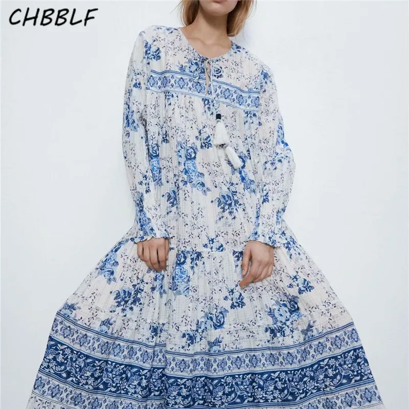 

CHBBLF women retro print maxi dress V neck long sleeve female casual ankle length dresses vestido XDN9423