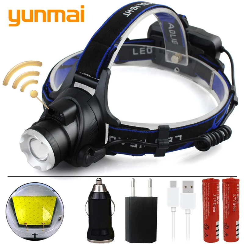 

yunmai Induction LED Headlight IR Sensor XM-L2 U3 XM-L T6 led headlamp zoom head flashlight XHP50 head lamp front light