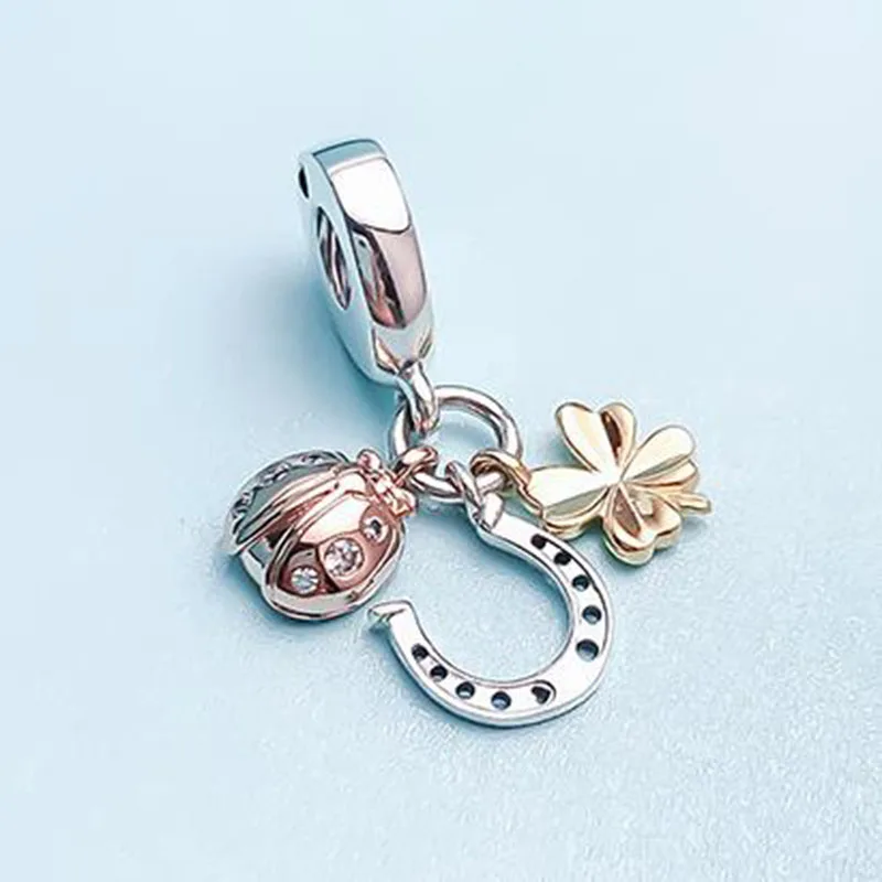 

100% 925 Sterling Silver Charm Rose Golden Ladybug And Clover Pendant Fit Pandora Women Bracelet & Necklace Diy Jewelry