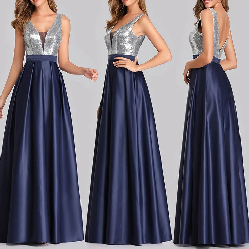 

Women's long evening dress plus size V neck satin formal prom event dress grey blue cocktail wedding party dress