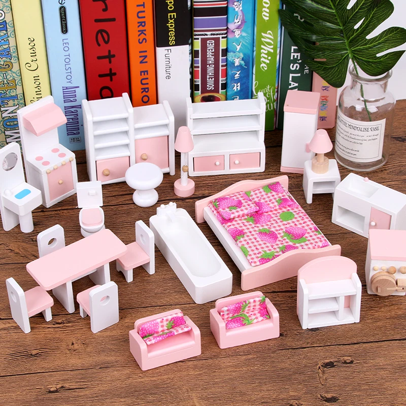 

Wooden Luxury Doll House Accessories Furniture Set Bed Table and Chairs Doll House Accessories Villa Mobili Kids Toys DG50DHA