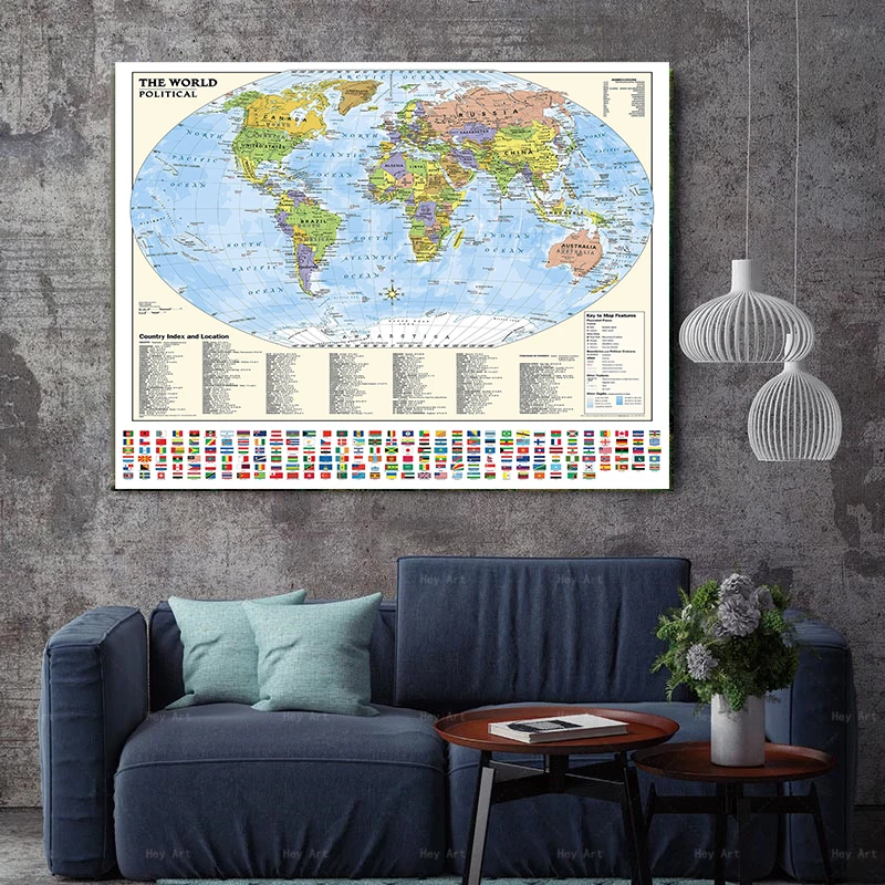 Карта мира с национальными флагами 90x90 см Нетканая Картина на холсте настенный