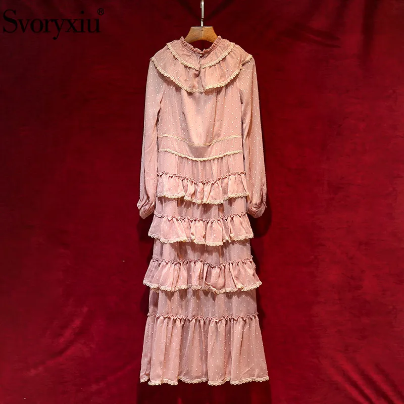 

Svoryxiu Designer Summer Party Elegant Long Dress Women's Lantern Sleeve Flocking Dot Cascading Ruffle Vintage Dresses