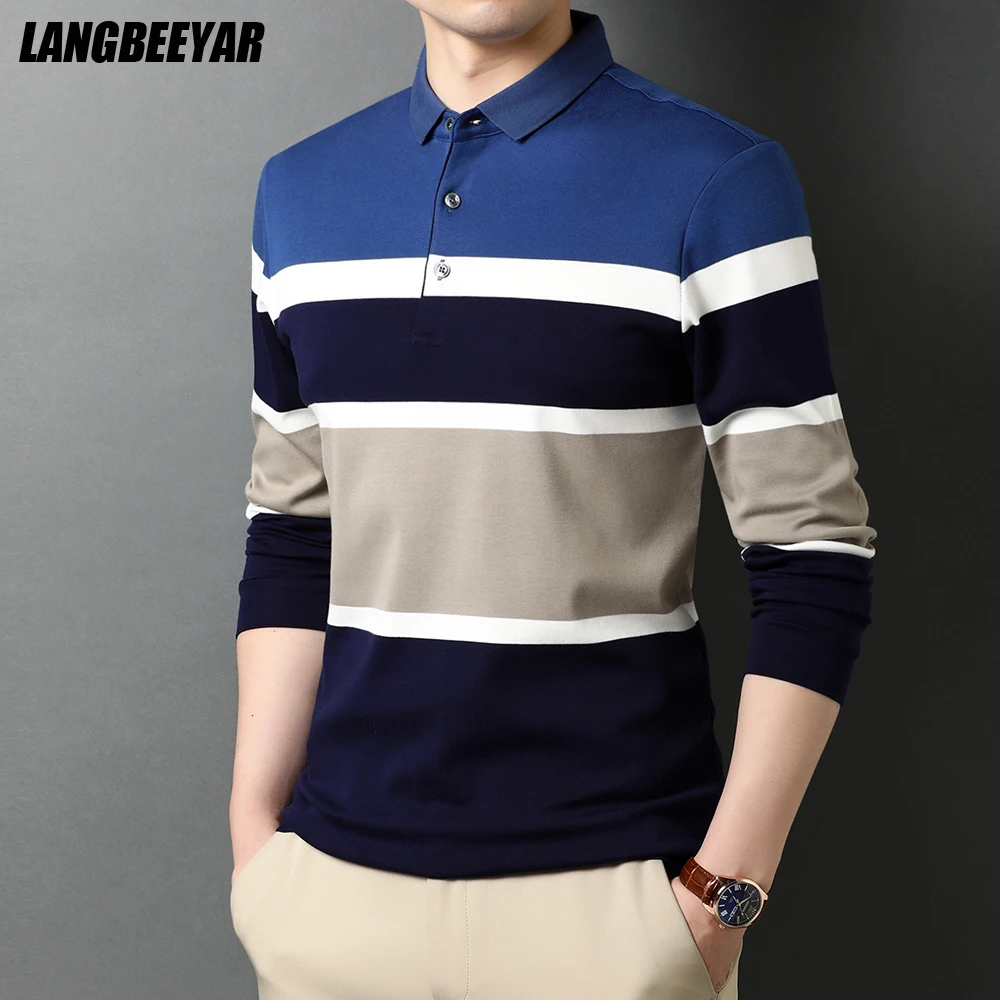 

Top Quality 2021 New Fashion Designer Brand Striped Mens Long Sleeve Polo Shirt Casual Plain Turn Down Collar Tops Mens Clothing