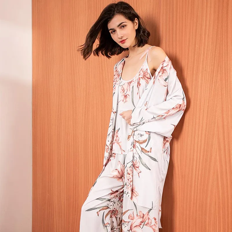 3 шт. Женская хлопковая атласная пижама с цветочным принтом|Комплекты пижам| |