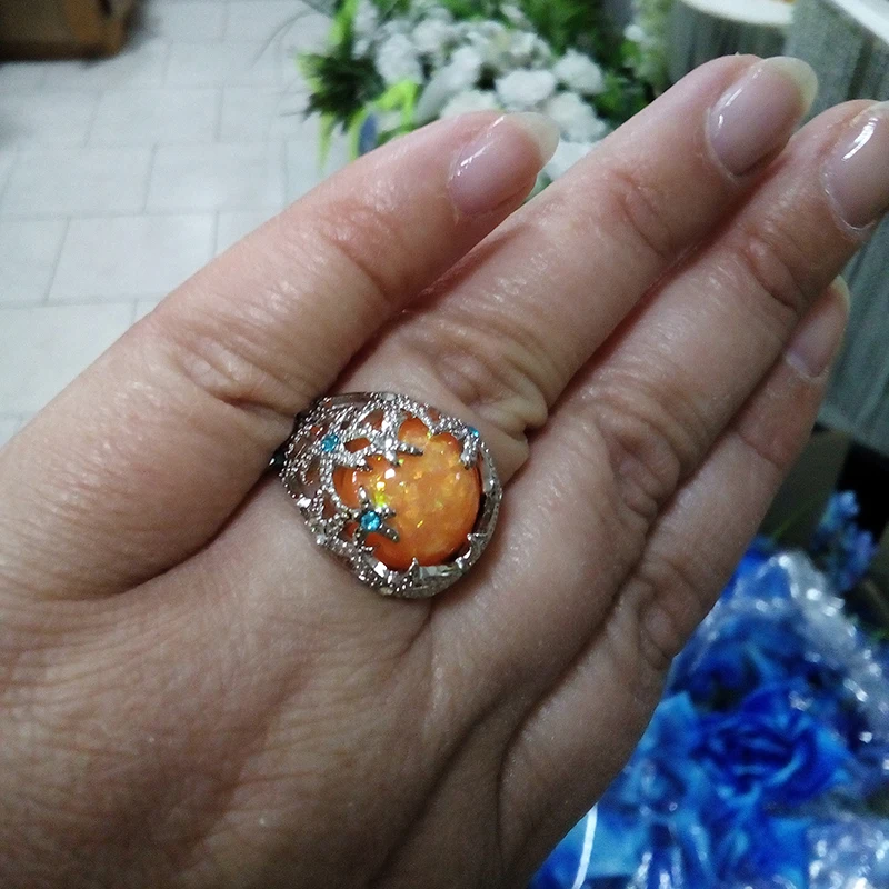Женское кольцо с оранжевым огненным опалом Синие стразы морская звезда