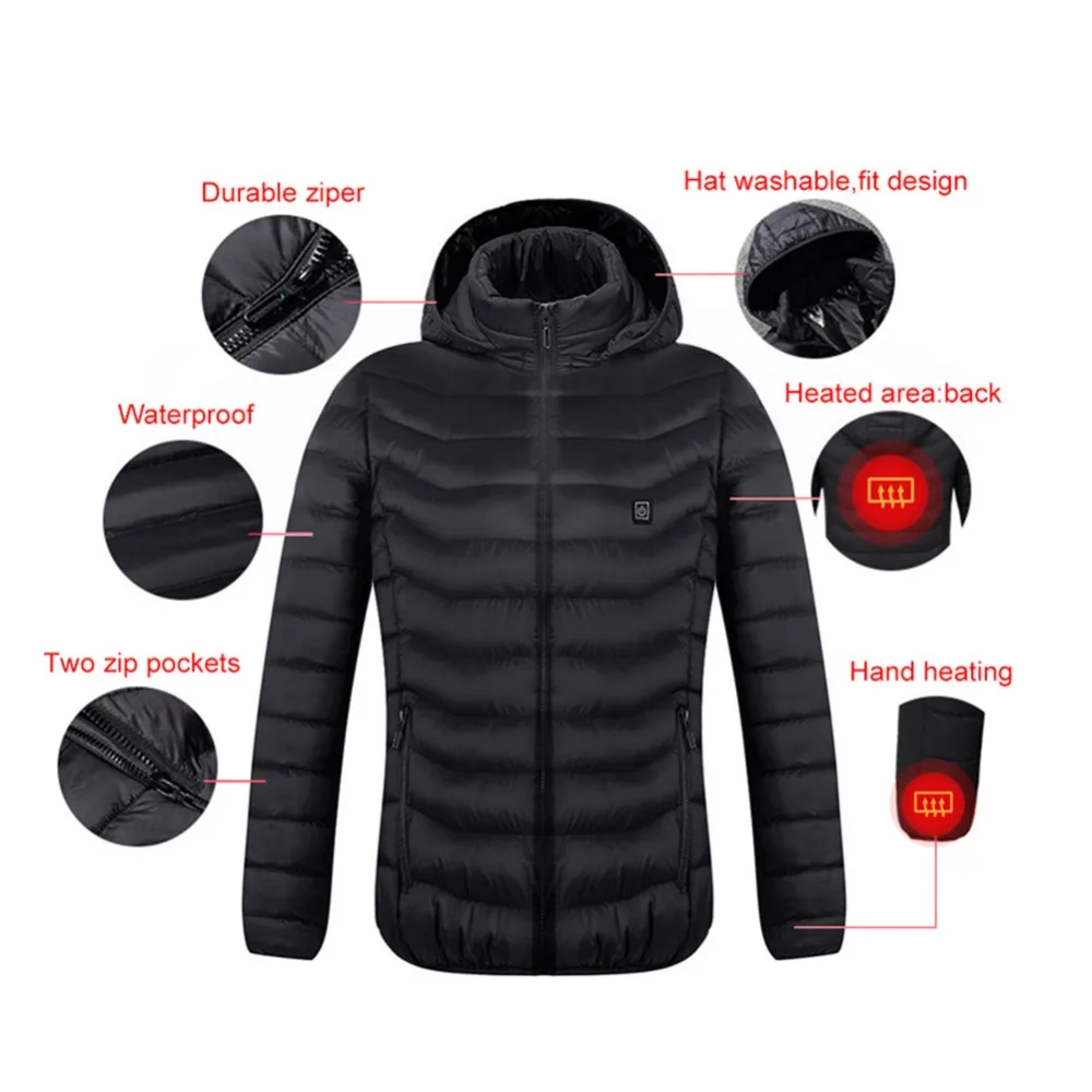 Куртки с электрическим подогревом, жилет, пуховое хлопковое пальто, USB, с электрическим подогревом, с капюшоном, зимние теплые жакеты, зимняя верхняя одежда
