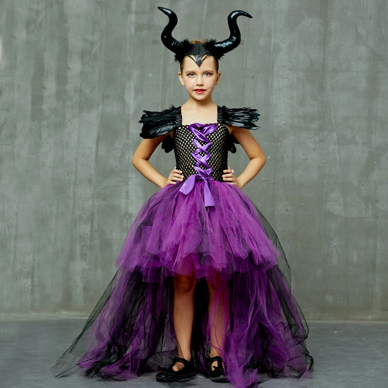 Платье-пачка для девочек на Хеллоуин «Maleficent Evil Dark queen» с рогами «Wicked Witch»; Детские вечерние костюмы для костюмированной вечеринки; нарядная одежда