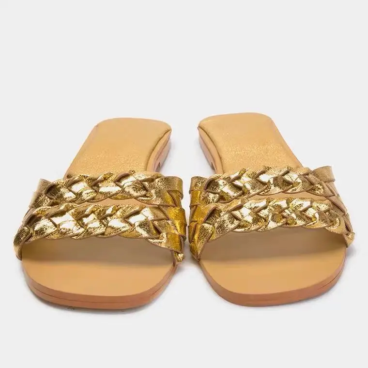 

Summer Grind Arenaceous Gold Sticky Rubber Slippers Women Woven Flat Beach Slippers Female