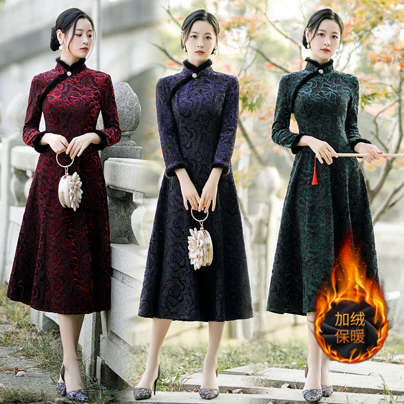 

Cheongsam Chinese traditional dress thick and velvet mink velvet collar long-sleeved warm wine red dress Improved Improved Qipao