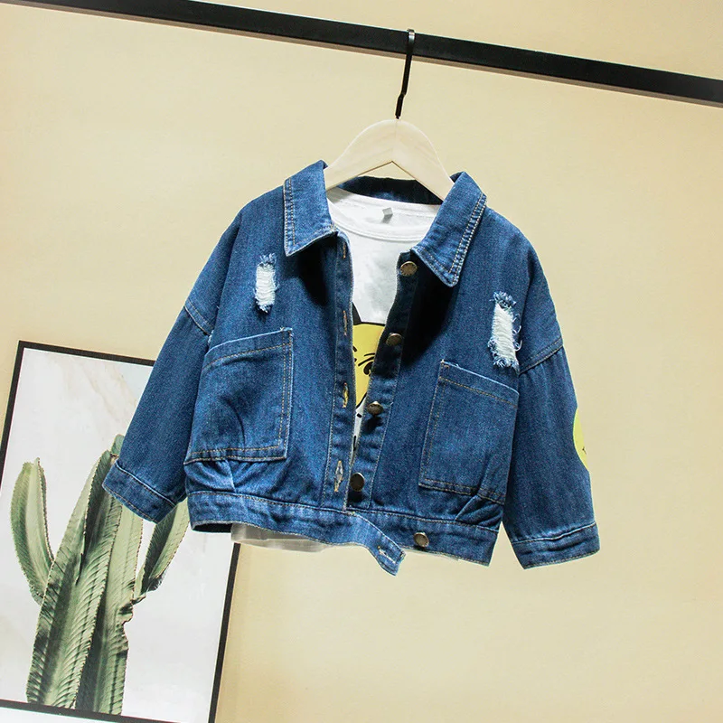 

Потертая джинсовая куртка с отложным воротником для девочек, Свободные повседневные синие модные пальто для девочек Детская верхняя одежд...