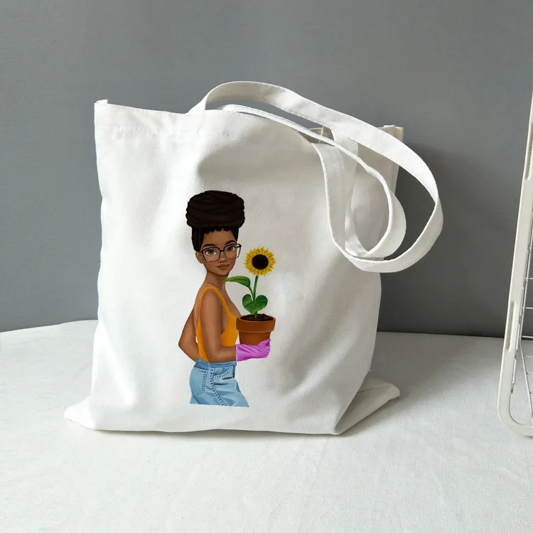 

Pattern Shopping Travel Women Eco Reusable Shoulder Shopper Bags Cool Black Girl Print Ladies Handbags Canvas Tote Bag