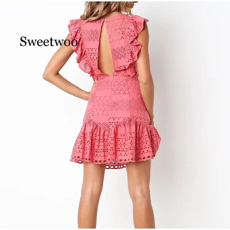 Женское ажурное мини-платье с цветочными оборками летнее Хлопковое платье