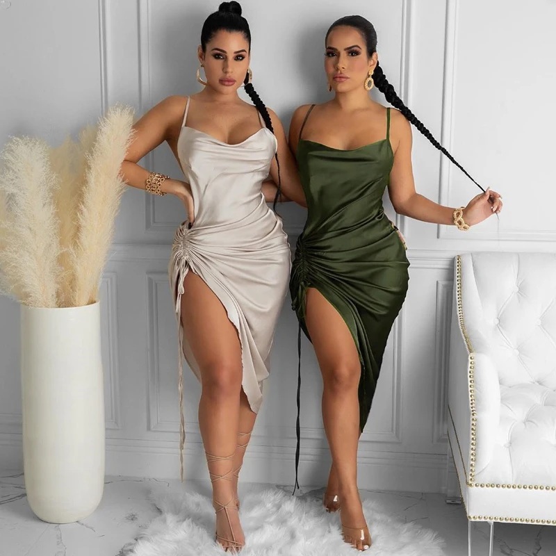 

2021 Women Satin Summer Dress Drawstring Spaghetti Straps Cowl Neck Backless Solid Long Dresses For Women Sexy Elegant Vestidos