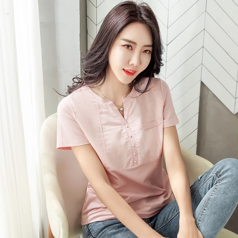 Блузка Женская приталенная с V-образным вырезом хлопок белая рубашка 2021 3XL лето