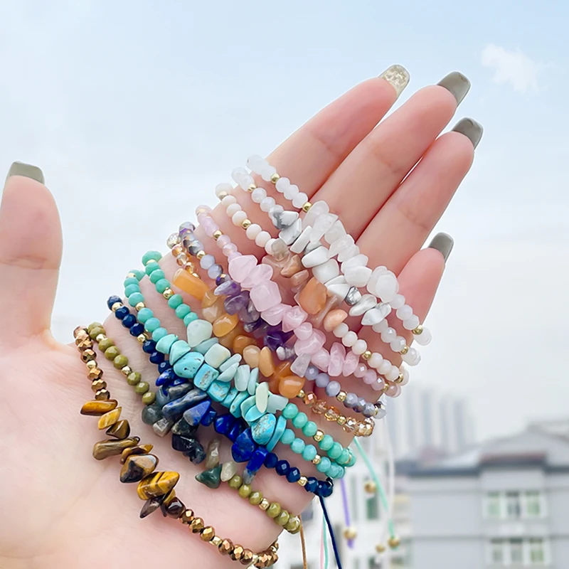 

Boho Natural Stone Bracelet for Women Tigereye Amethyst Pink Crystal Gravel String Bracelet Adjustable Rope Chain Holiday Gift