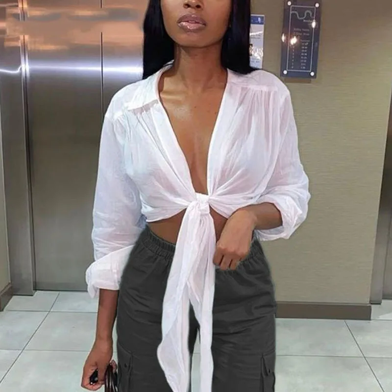 

Women Long Sleeve Tie Up Top Blouse Sexy Solid Color Bandge Autumn Shirts