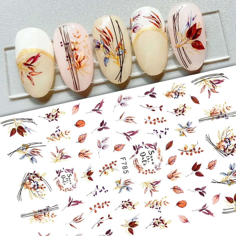 

Flowers Leaves Line 3D Nail Stickers Autumn Winter Fall Leaf Design Transfer Sliders Abstract Waves Nail Art Decals Manicures