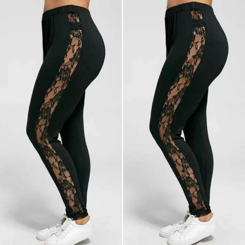 

New Spring Autumn Fashion Women's Ladies Floral Lace Side Panel Cut Out Black Leggings Plus Size
