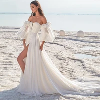 boho wedding dresses beach long puffy sleeves chiffon sweetheart bride dress sweep train with split bridal gown vestido de noiva