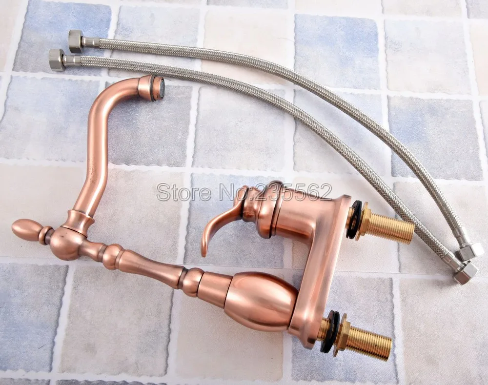 

Antique Red Copper Brass Swivel Spout Two Holes Basin Kitchen Bathroom Vanity Sink 4" Centerset Lavatory Faucet Mixer Tap Lsf834