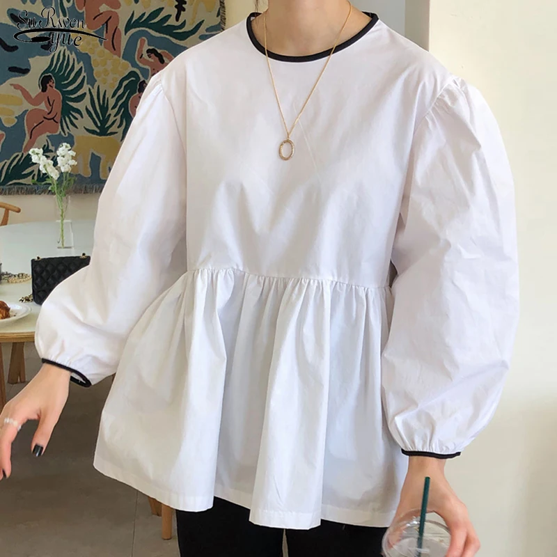 

Causal White Blouse Women 2022New Korean Chic Loose Tops Puff Long Sleeve O-neck Loose Shirts for Women Chemise Femme New 15333