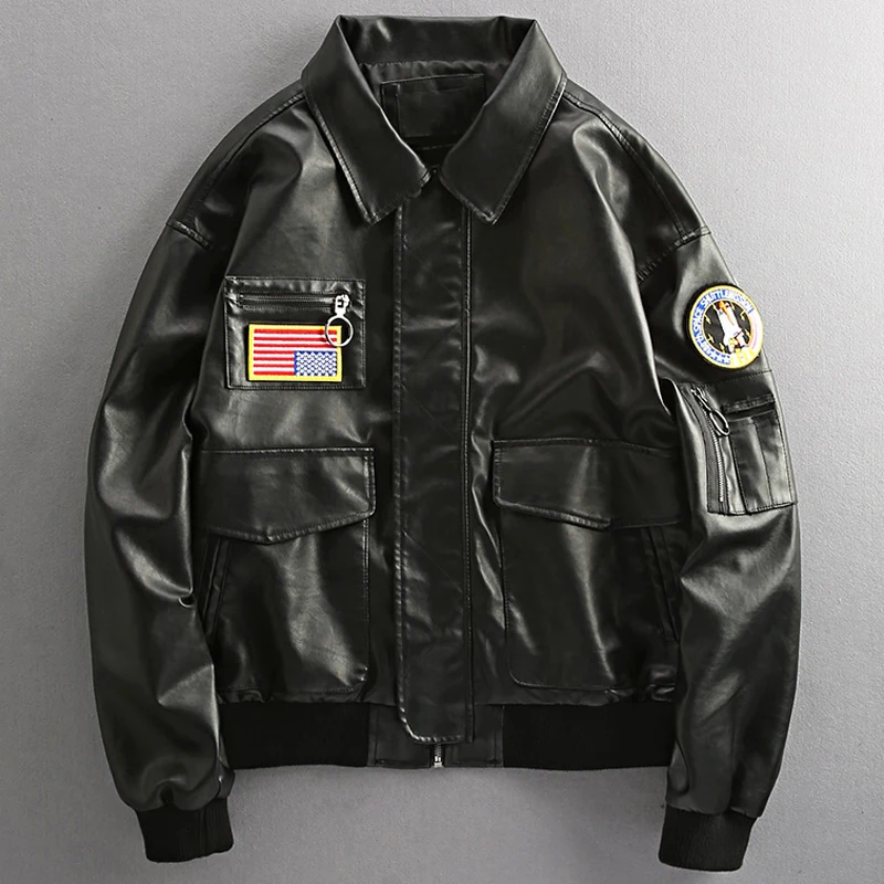 Американский стиль ВВС мужское кожаное пальто уличная одежда размера плюс 4XL темно синяя повседневная