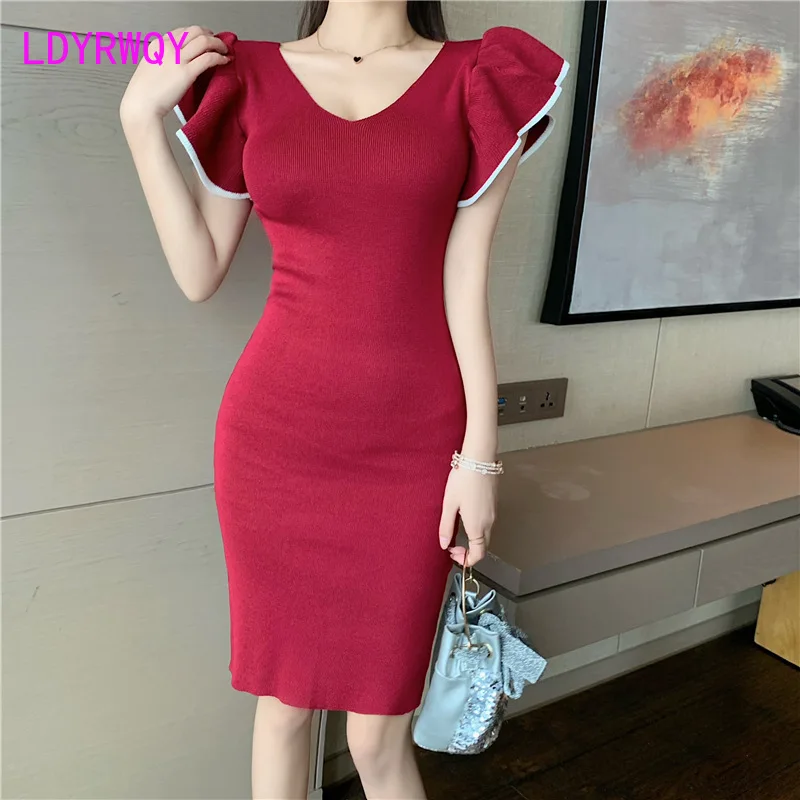 

LDYRWQY Sexy V-neck slim-fit hip knitted dress 2021 new fashion Office Lady Knitting Cotton Zippers Knee-Length