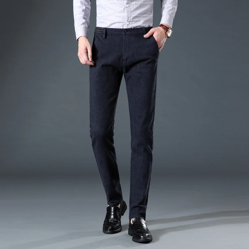 Осень и зима новые мужские плотные повседневные брюки бизнес мода Slim Fit Брюки брендовые черные темно-серые