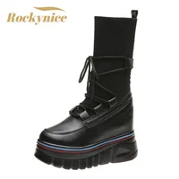 Women Winter Leather Boots 2021 Chunky 9CM Heels Sneakers White Motorcycle Boots Stretch Sock Booties Platform Warm Shoes Woman