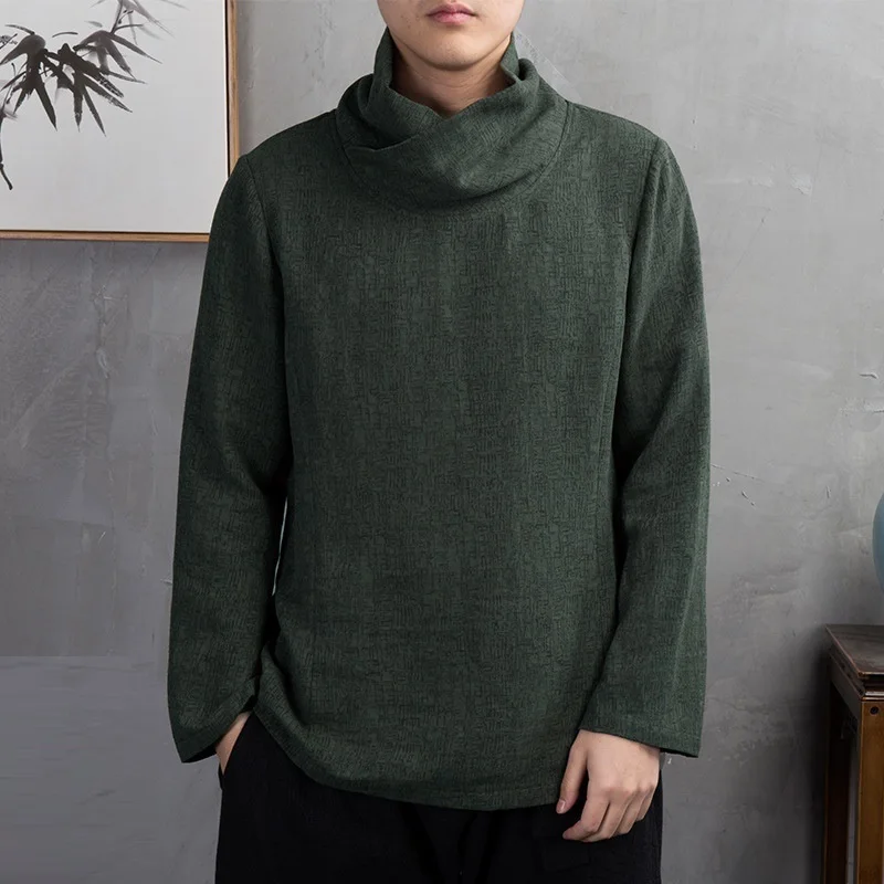 

Traditional Chinese Clothing For Men Turtleneck T Shirt 2021 Spring Bottoming Shirt Men Cotton Linen Top Harajuku Hanfu KK3849