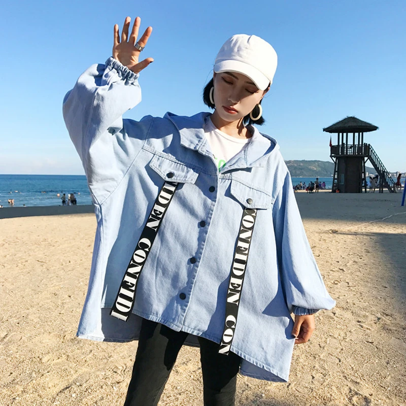 Женская однобортная куртка с капюшоном длинная Весенняя Свободная буквенным