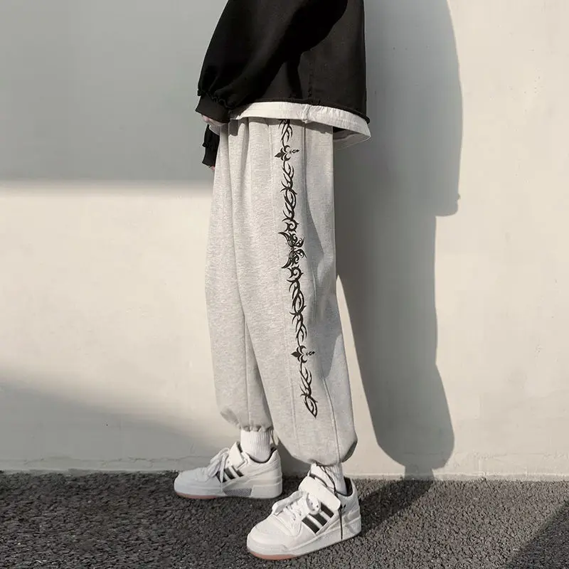 2021 Spring And Autumn New Splicing Korean Cropped Jeans Men's Loose Straight Pants Sport Joggers Hip Hop | Мужская одежда