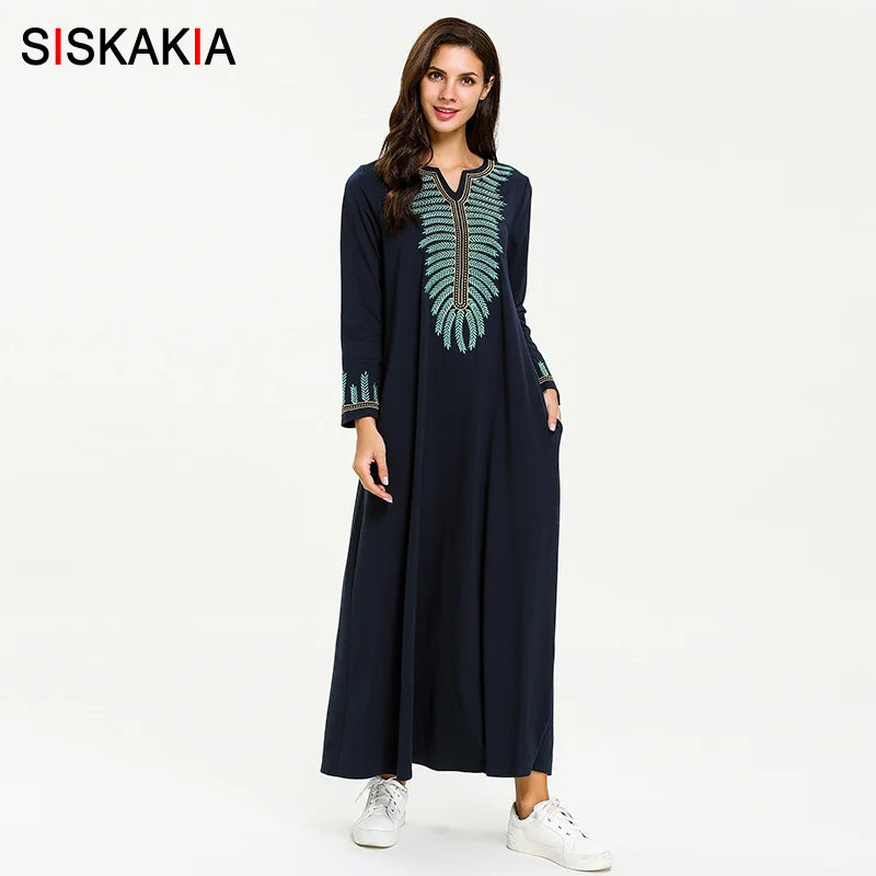 Navy Blue dress 2 Siskakia, Цветочная вышивка, этническое длинное платье, элегантное, длинный рукав, макси платья размера плюс, повседневная женская одежда, осень, новое красное - Цвет: Navy Blue dress 2