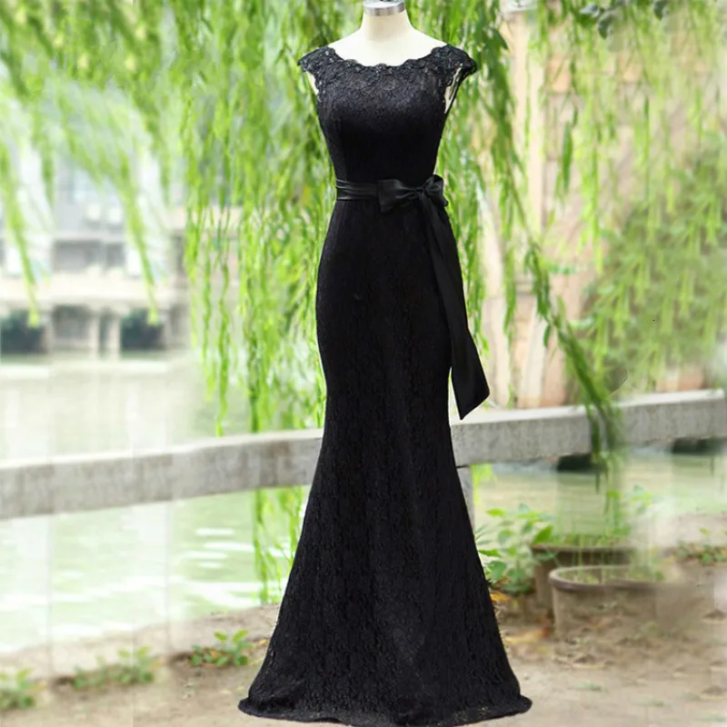 

Женское вечернее платье, черное кружевное платье без рукавов, с бантом и круглым вырезом, без шлейфа, для выпускного вечера, размера плюс