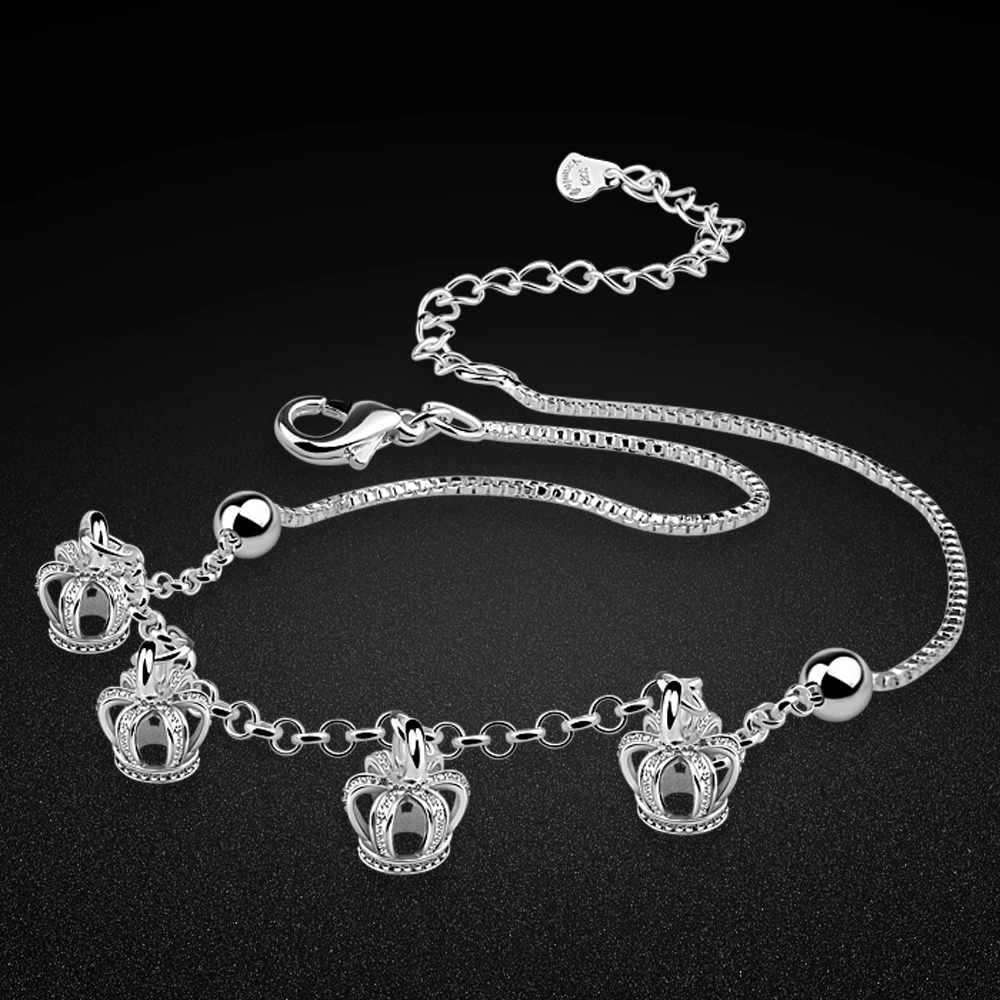 Fashion women silver anklet 925 sterling ankle bracelet summer beach jewelry original crown sandals bijoux | Украшения и