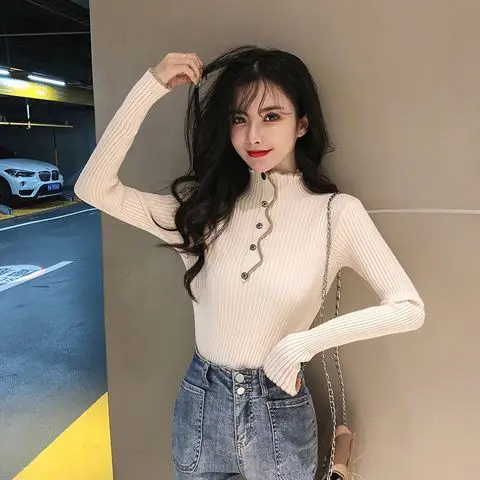 

Women 2020 Autumn Winter Knitted Half Turtleneck Tops Female Pullovers Casual Sweaters Ladies Long Sleeve Tight Button Tops P278